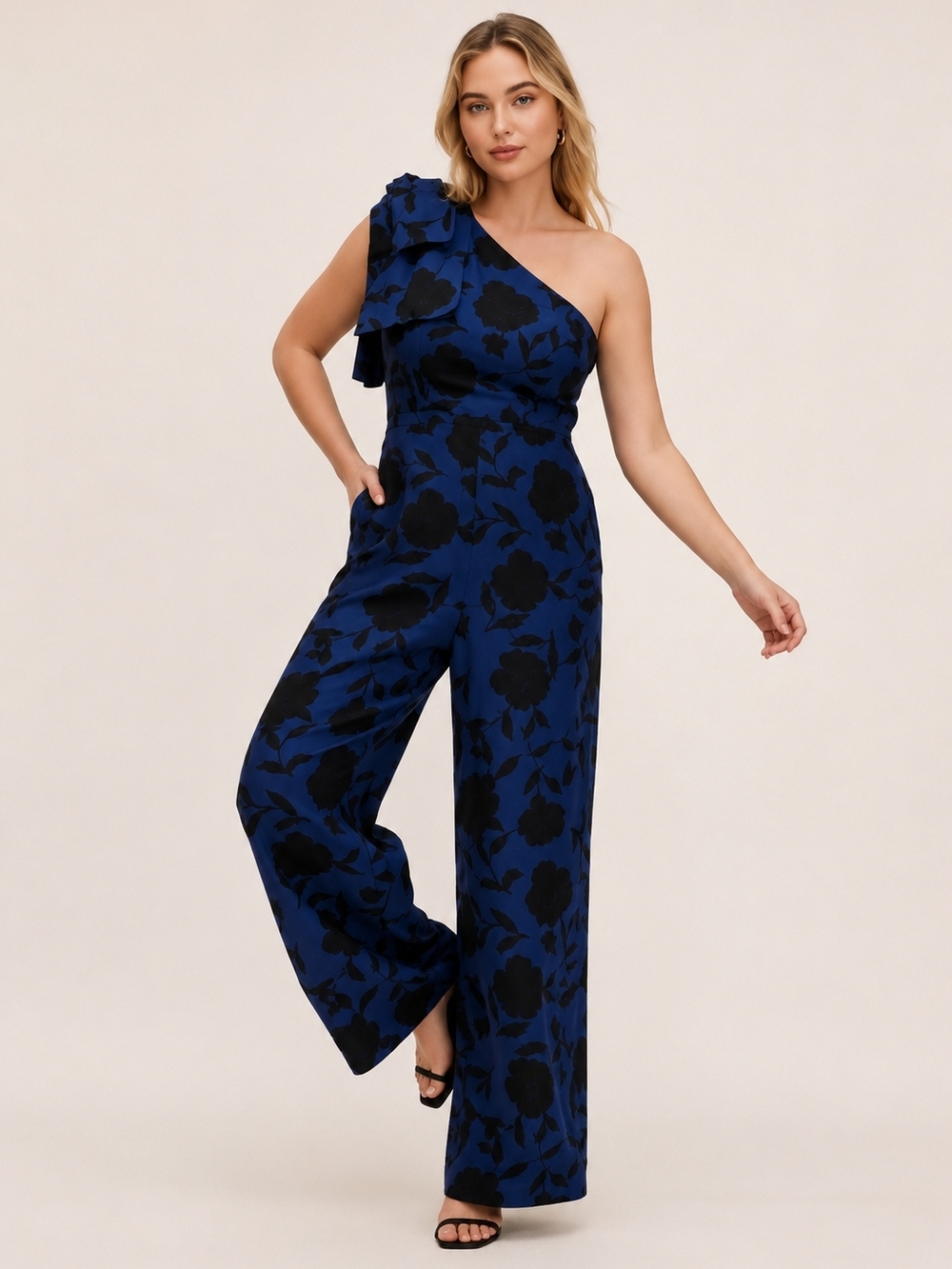 kate spade One-Shoulder Navy & Black Floral Jumpsuit